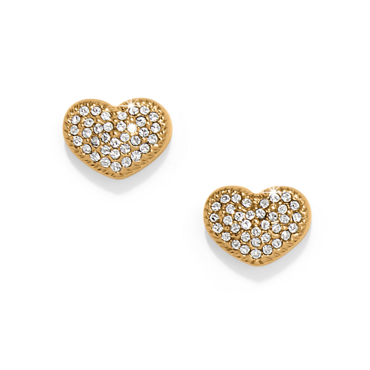 Silver plated heart post earrings with flat disc backs encrusted in fine pave crystals.