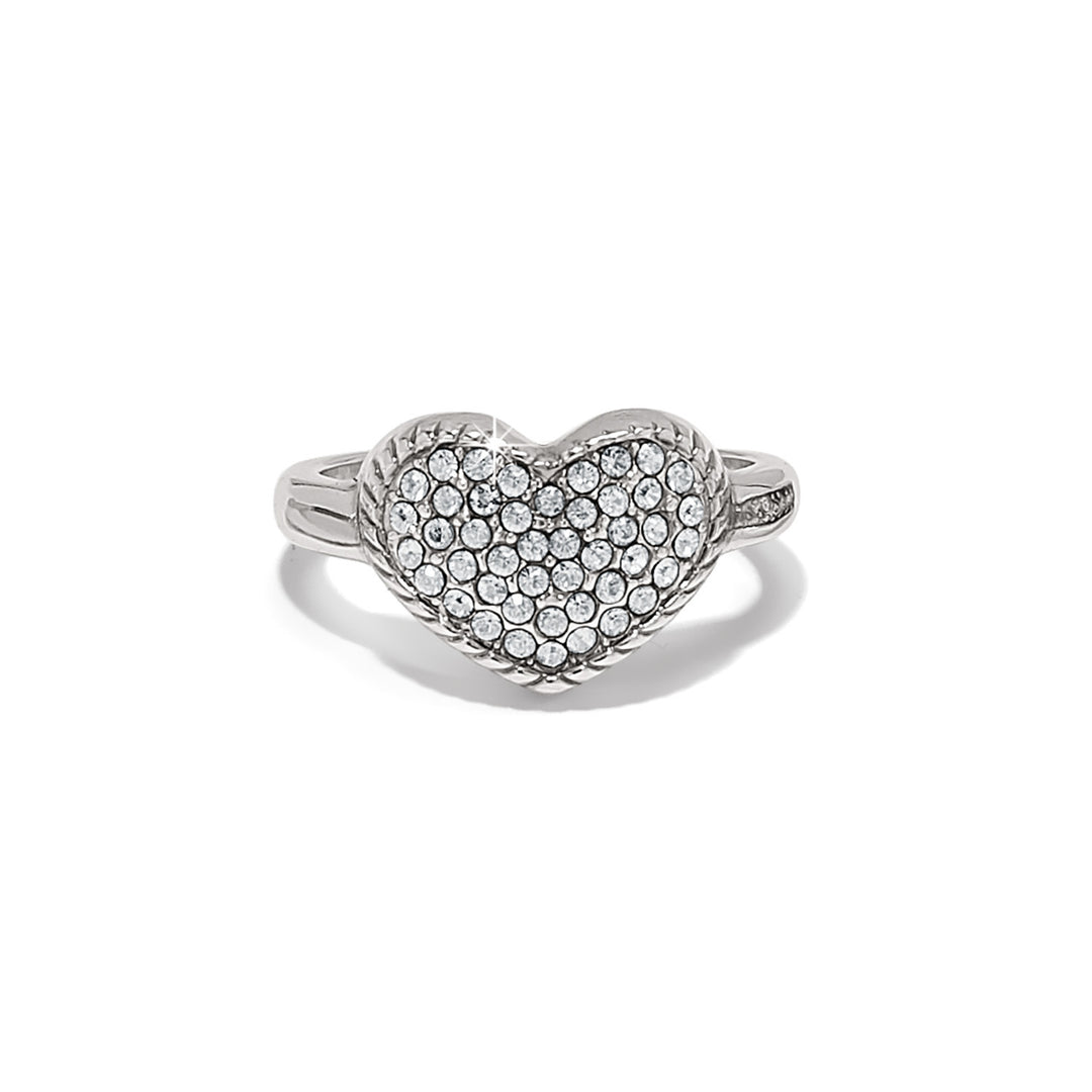 Silver plated domed heart ring with pave crystal encrustation