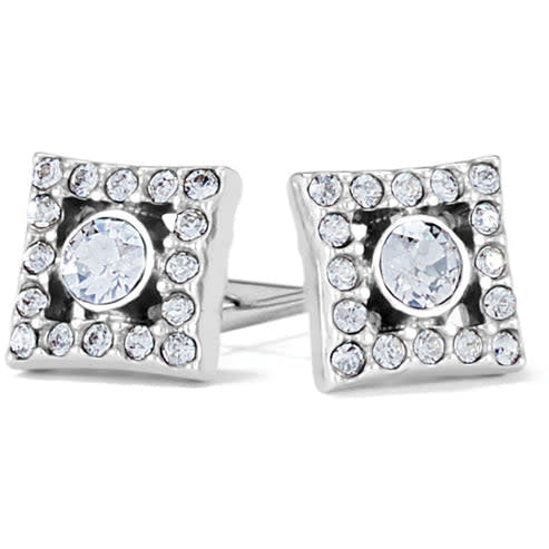 Silver plated post earrings with flat disc backs featuring fine quality crystals in a repeating iridescent kaleidoscope pattern.