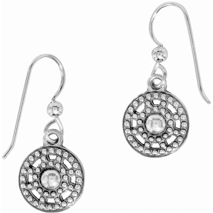 Silver plated French wire earrings featuring iridescent crystal on one side with granulated silver beading.
