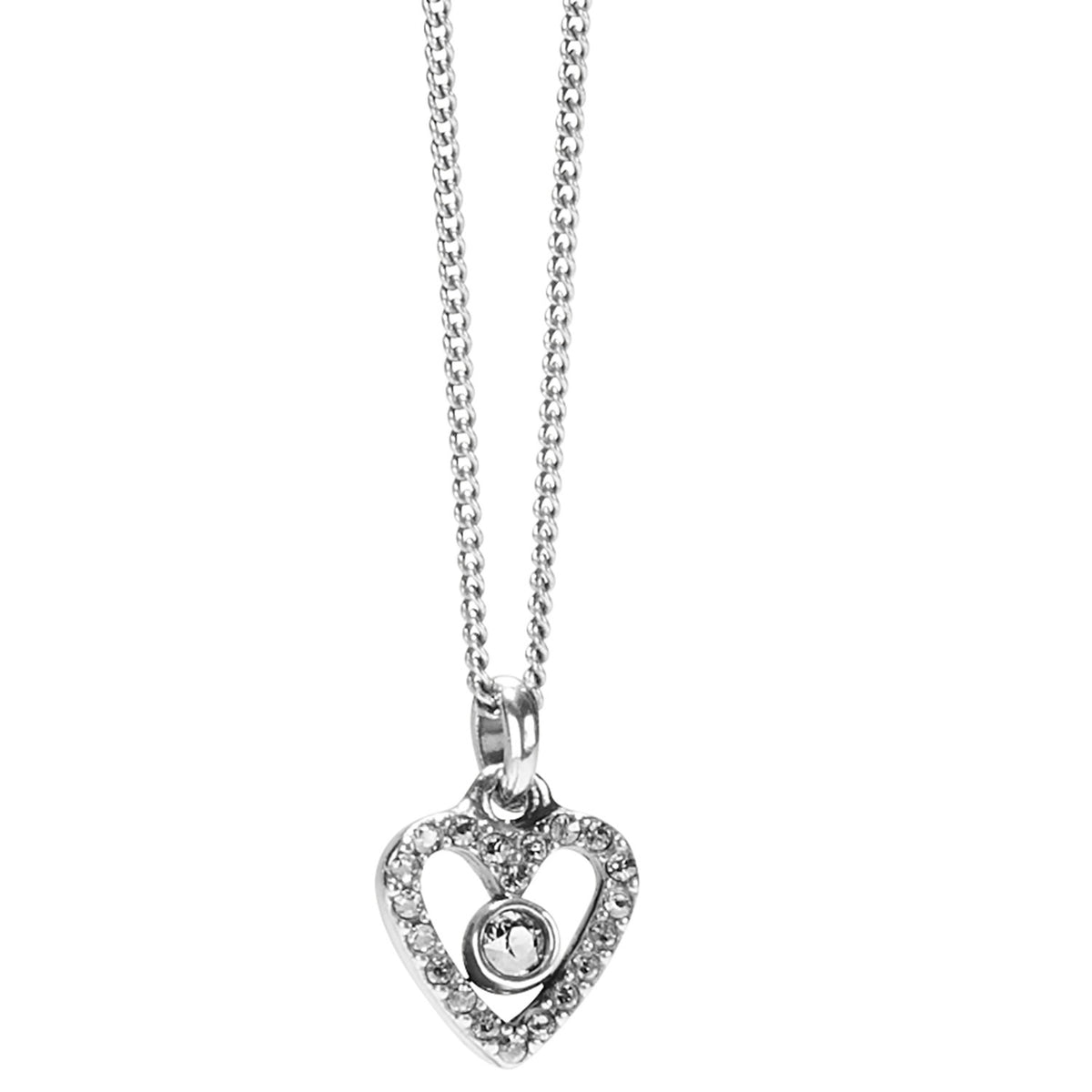 Silver plated heart frame necklace with a solitaire crystal pendant on an adjustable chain.