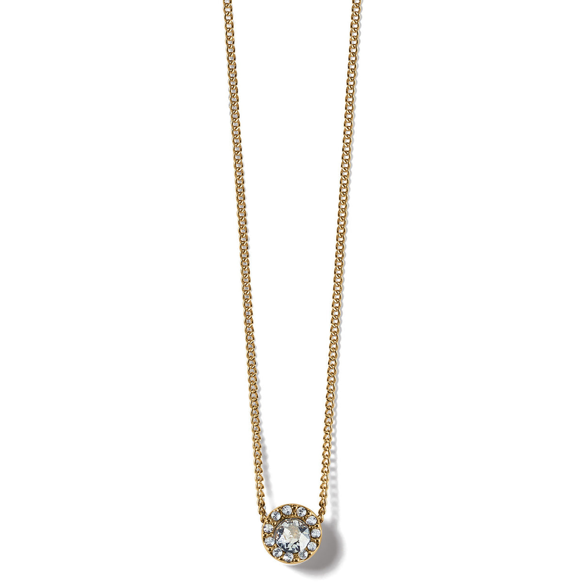 Gold plated adjustable necklace with a solitaire crystal pendant on an 18-inch chain.