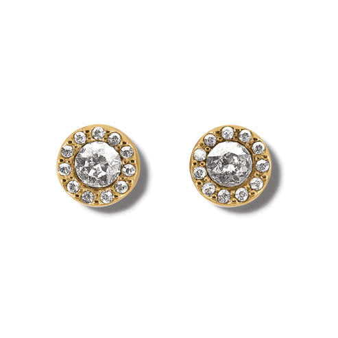 Gold plated post earrings featuring a solitaire flat disc back with fine quality crystals.