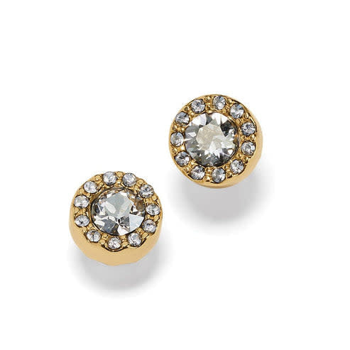 Gold plated post earrings featuring a solitaire flat disc back with fine quality crystals.