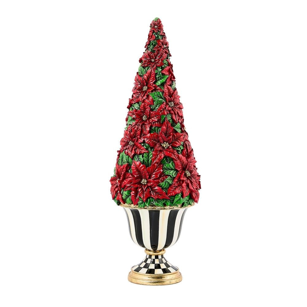 Resin poinsettia tree with warm internal lighting on a stand
