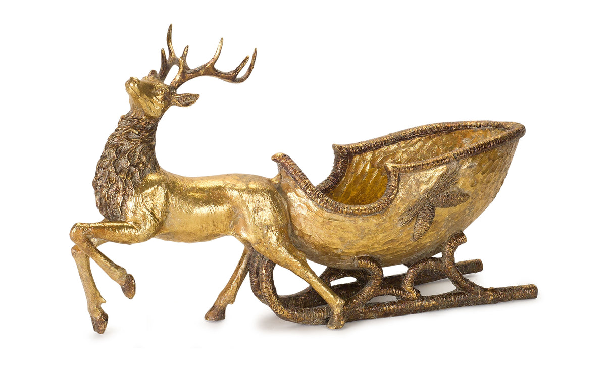 Life-size wooden deer statue with sleigh in natural finish