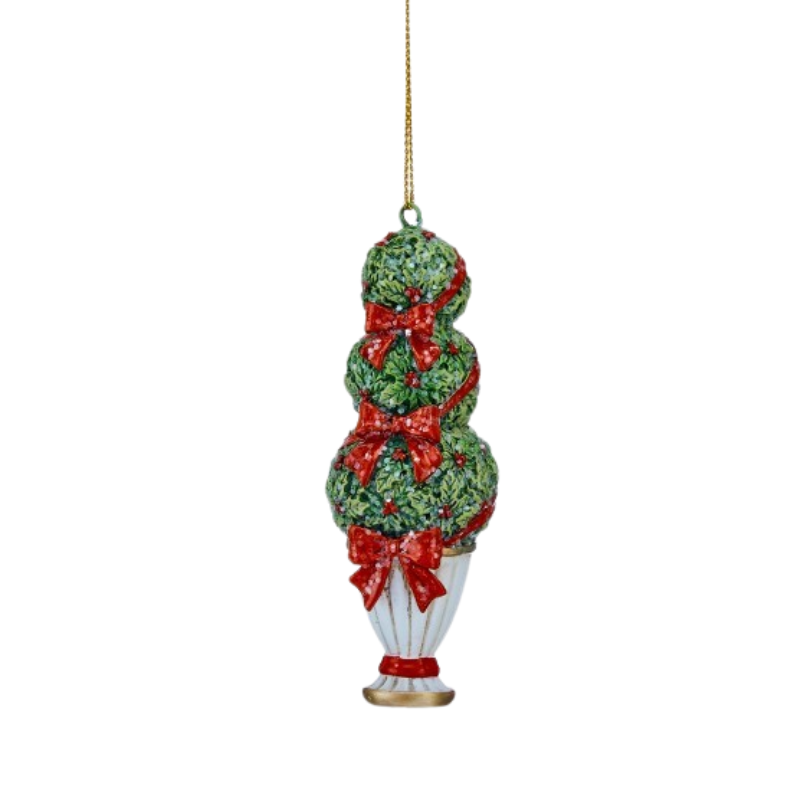 4-inch resin potted topiary ornament featuring three green holly spheres with red bows in a white urn