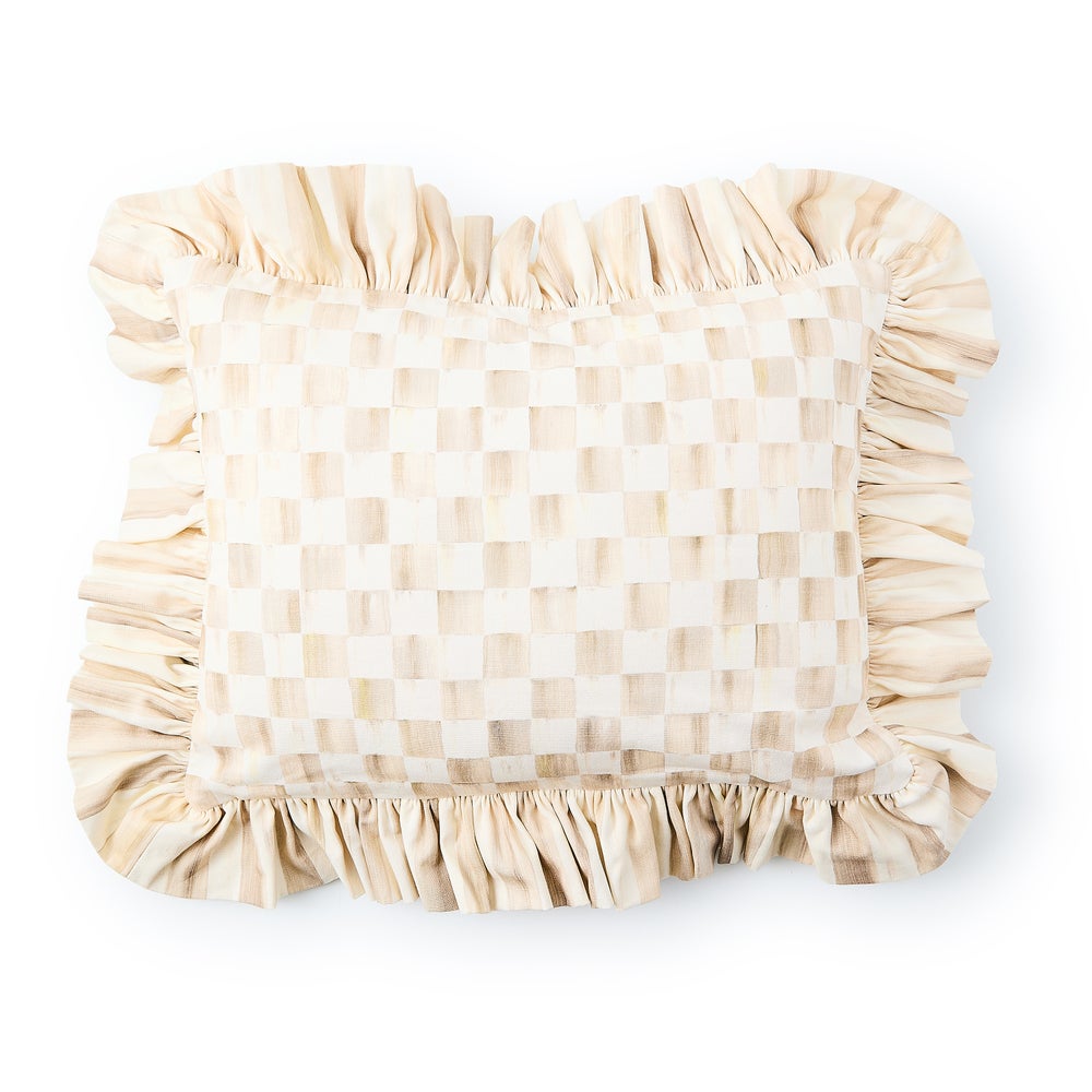 Mocha check lumbar throw pillow with a ruffled edge and hand-painted checkerboard pattern.