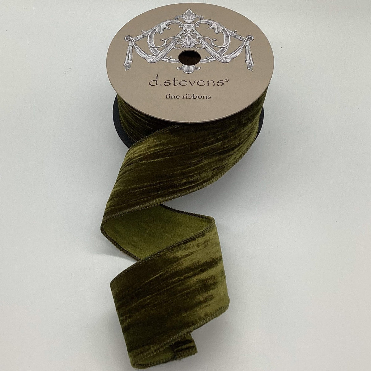 2.5 inch Olive Velvet Vintage Chic Satin Back ribbon on a d.stevens spool.