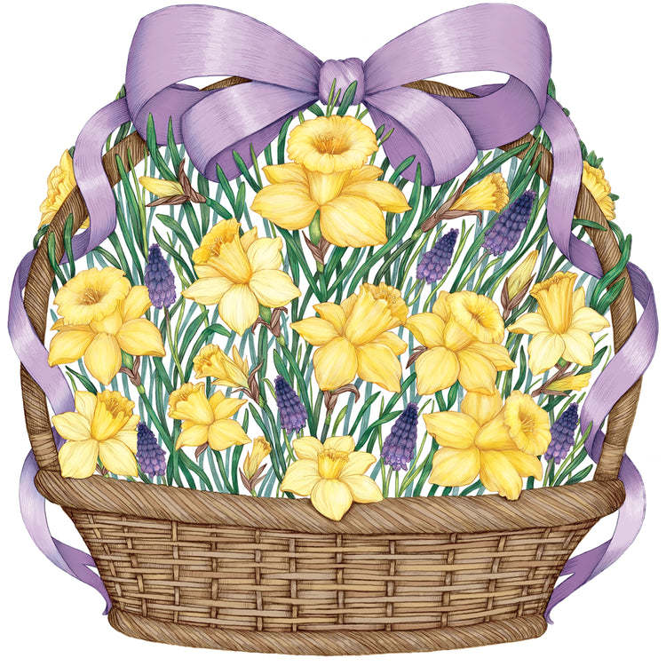 Die-cut placemat shaped like a woven basket filled with yellow daffodils and purple ribbon.