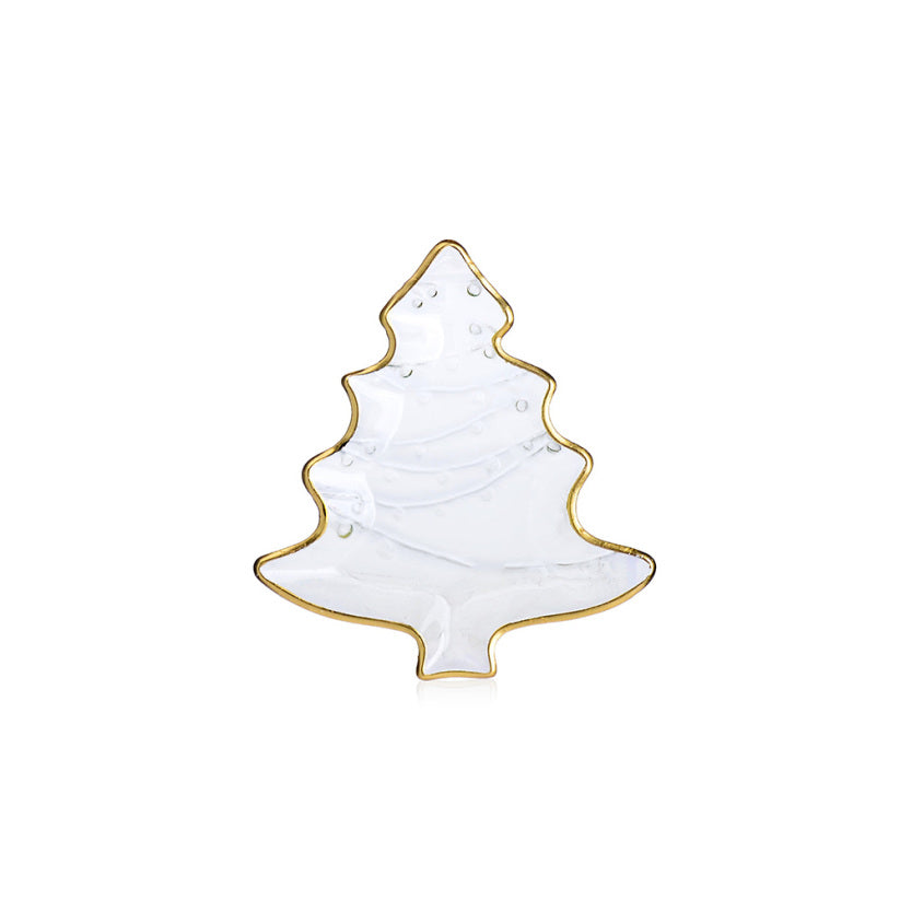 White Christmas tree shaped plate with gold trim and subtle bubble pattern.