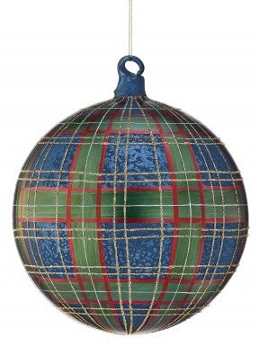 6-inch glass ball Christmas ornament with a blue, green, and red plaid pattern and gold glitter.