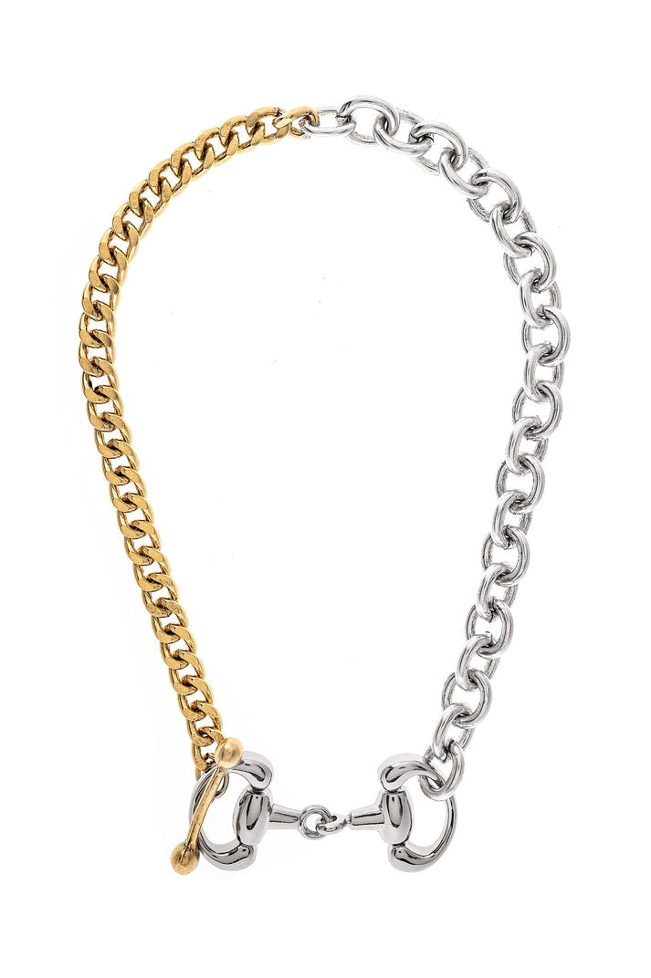 Sam two-toned necklace featuring gold curb links and silver cable links with a horsebit clasp.