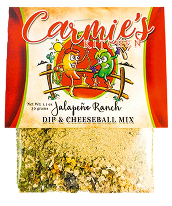 Jar of Jalapeno Ranch Dip Mix with a green label showing ranch dressing ingredients.