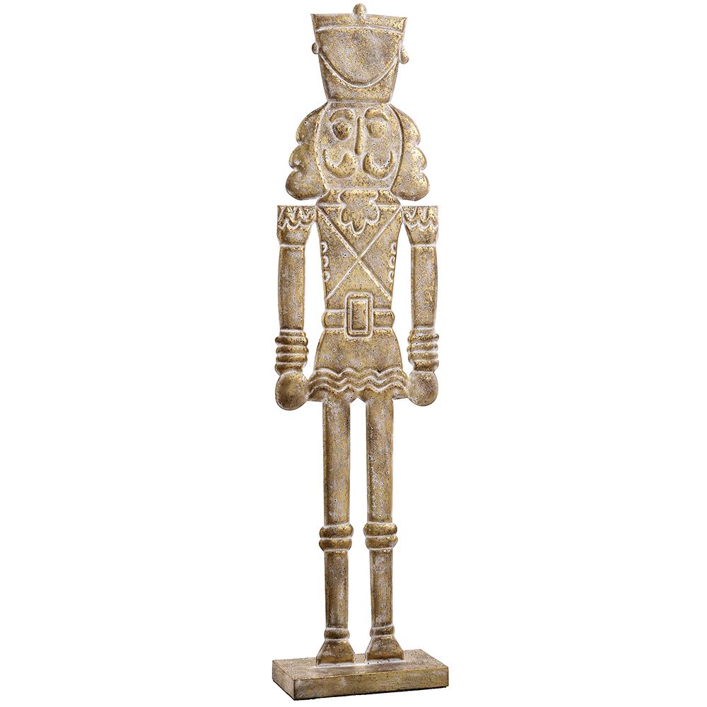41.5 inch antique gold metal nutcracker statue with a distressed finish on a rectangular base.