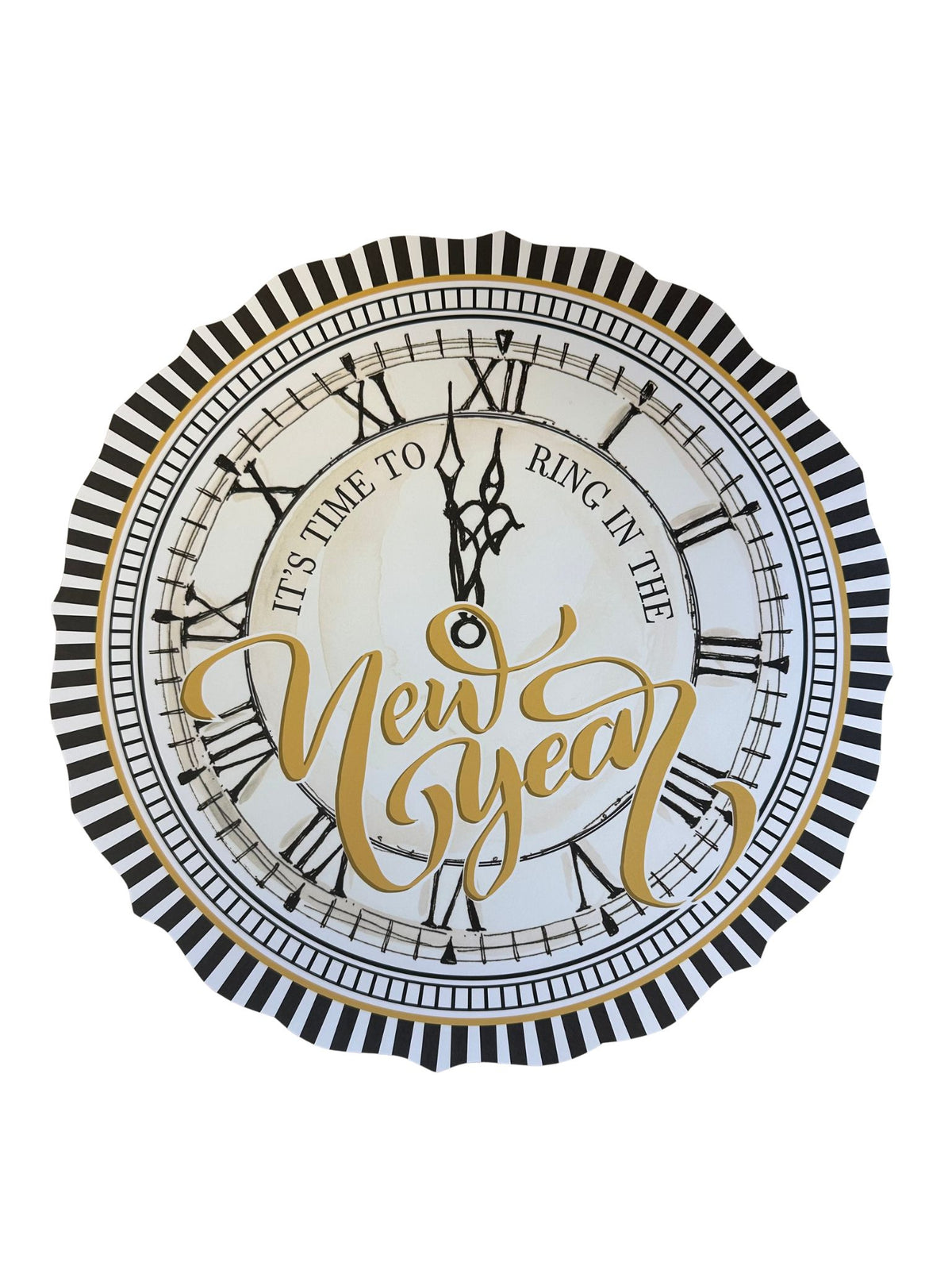 Round die-cut paper placemat featuring a black and white clock face with gold New Year text.