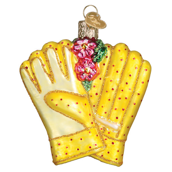 Yellow glass gardening gloves ornament with red polka dots and pink flower accents.