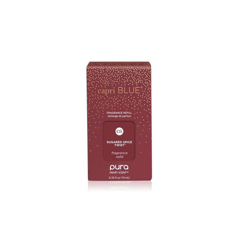 CB + Pura Sugared Spice Twist diffuser refill bottle with a twisted glass silhouette and warm amber liquid.