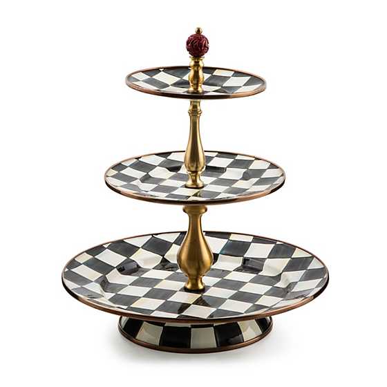 Courtly Check Enamel Three Tier Sweet Stand with hand-painted black and white checkered pattern.