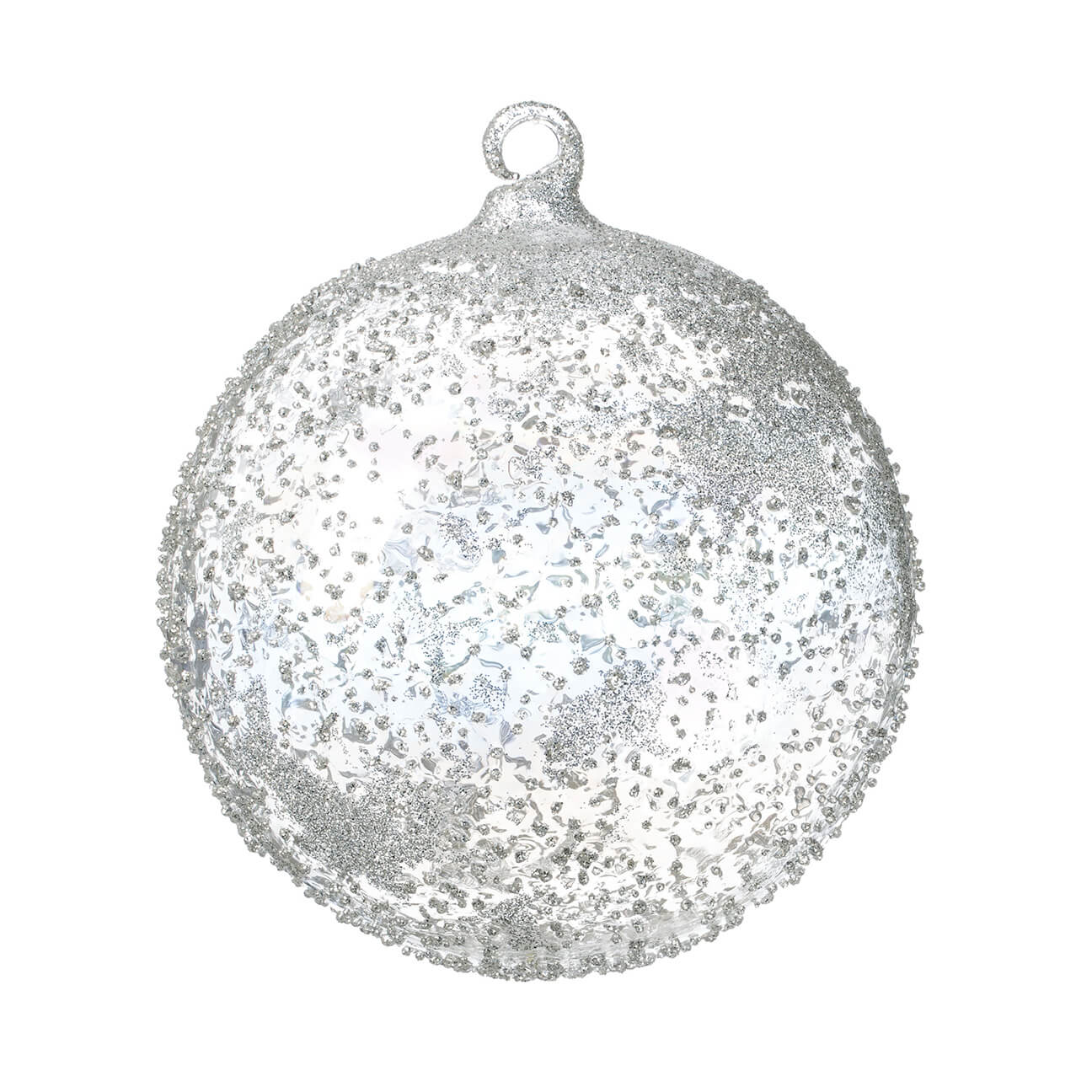 Clear glass spherical ornament with a textured surface measuring five inches wide.