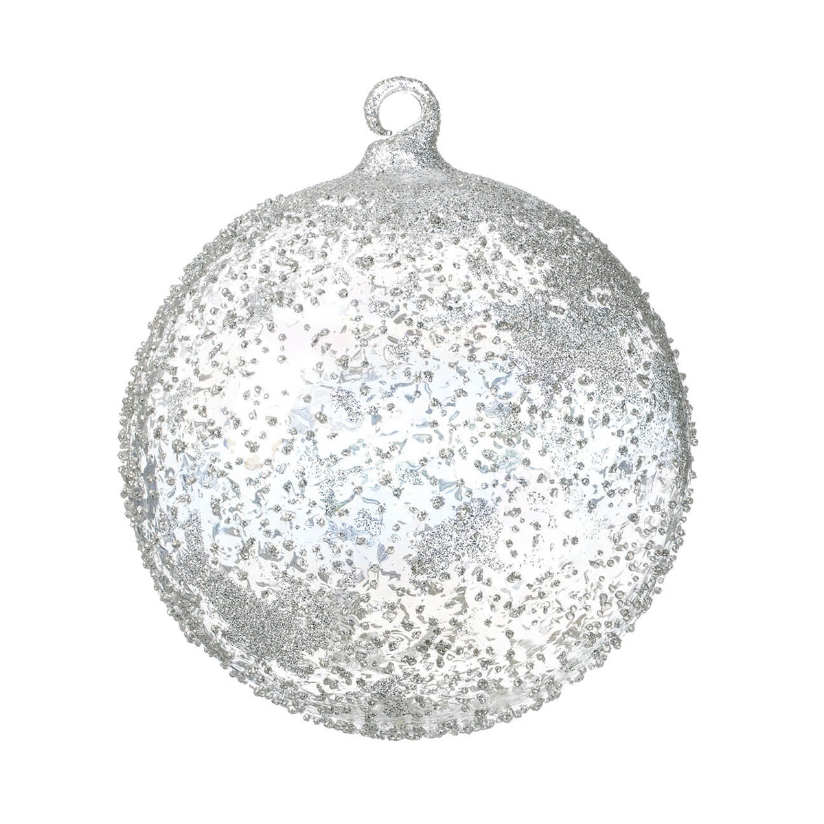 Clear glass spherical ornament with a textured surface measuring five inches wide.