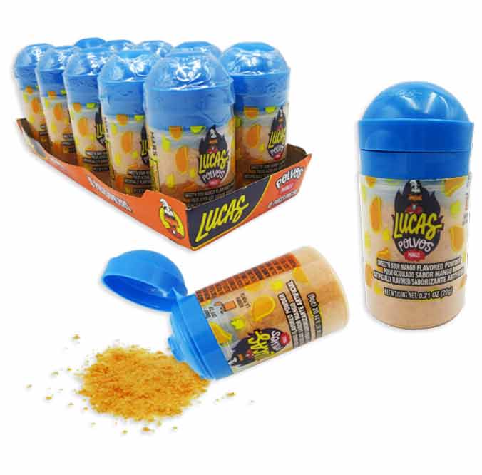 Lucas Baby Sweet & Sour Mango powder in blue containers, shown in a display box and open.