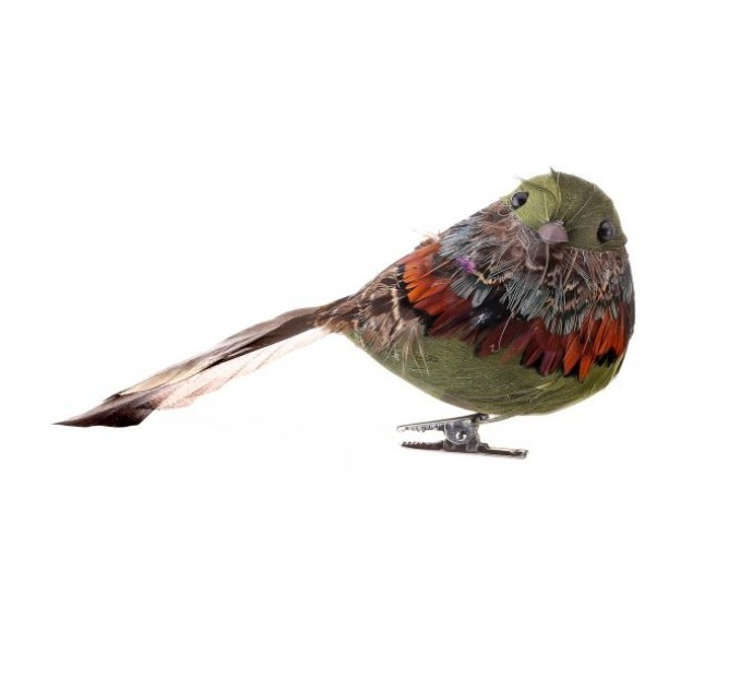 Feathered aspen bird ornament with natural brown feathers and a clip-on base.
