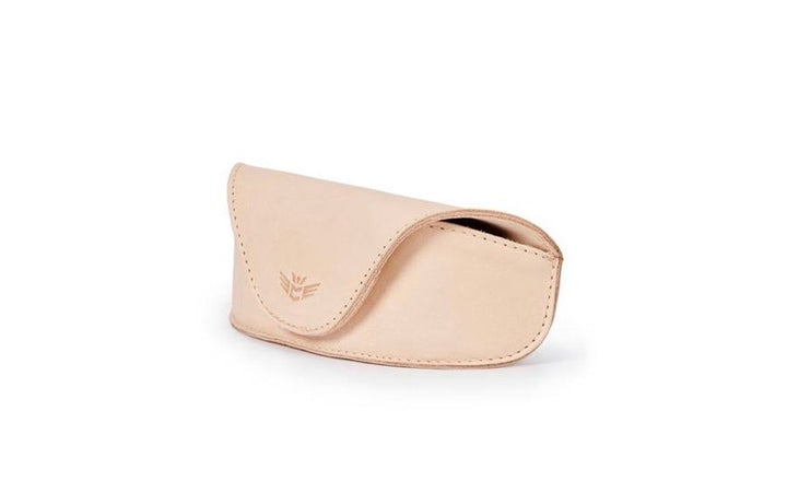 Structured neon pink star glitter sunglass case with magnetic closure, soft mesh lining, and natural leather logo patch.