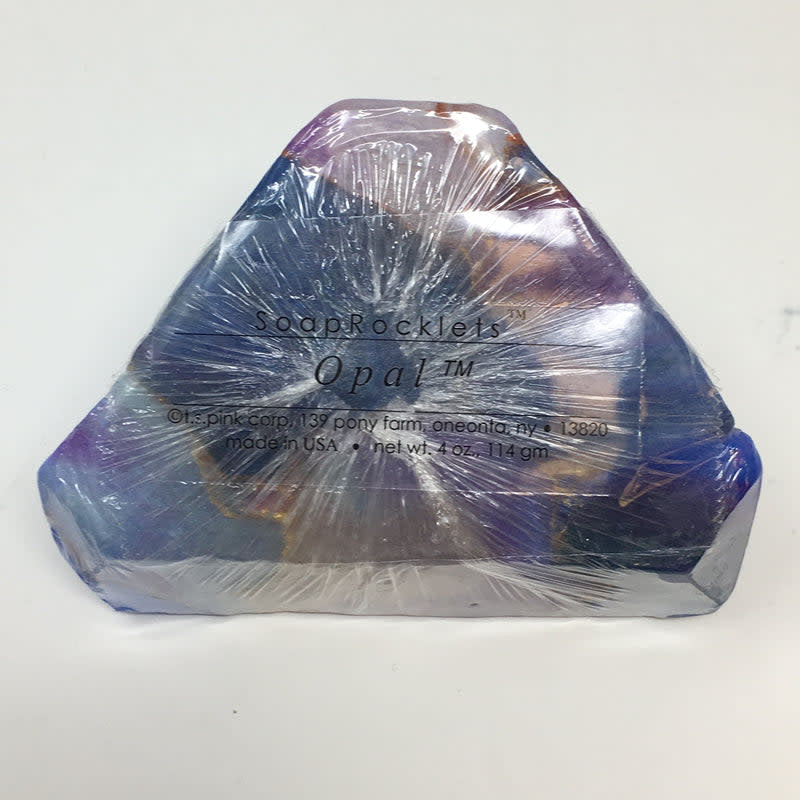 Handmade stone-shaped glycerine soap infused with lavender and aloe in earthy tones.