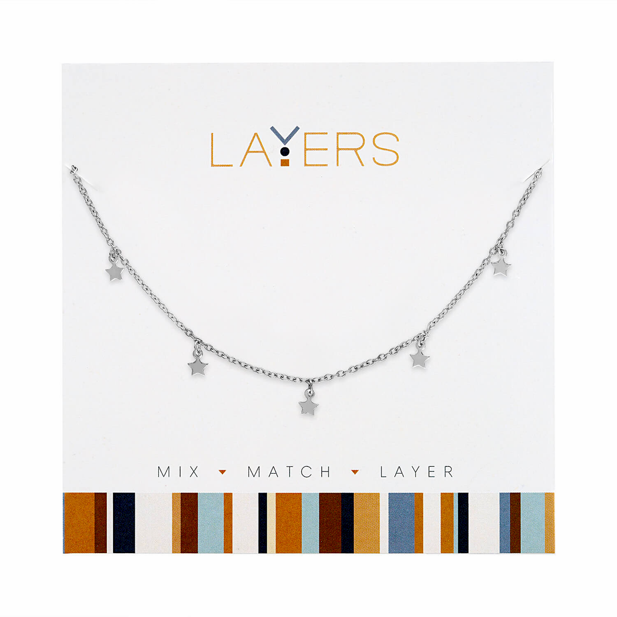 Silver layered necklace featuring mini star charms on delicate chains.