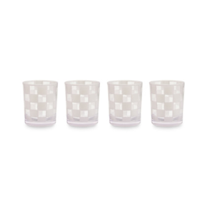 Set of four checkered acrylic tumblers with a black grid pattern on clear material.