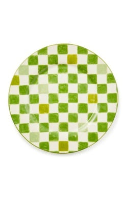 Round ceramic platter with a green and white hand-painted checkered pattern.
