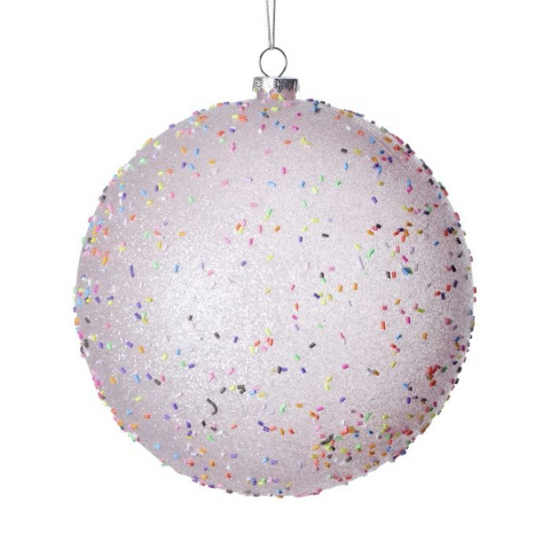 Round candy sprinkle ornament with a glossy finish featuring colorful sprinkles on white.