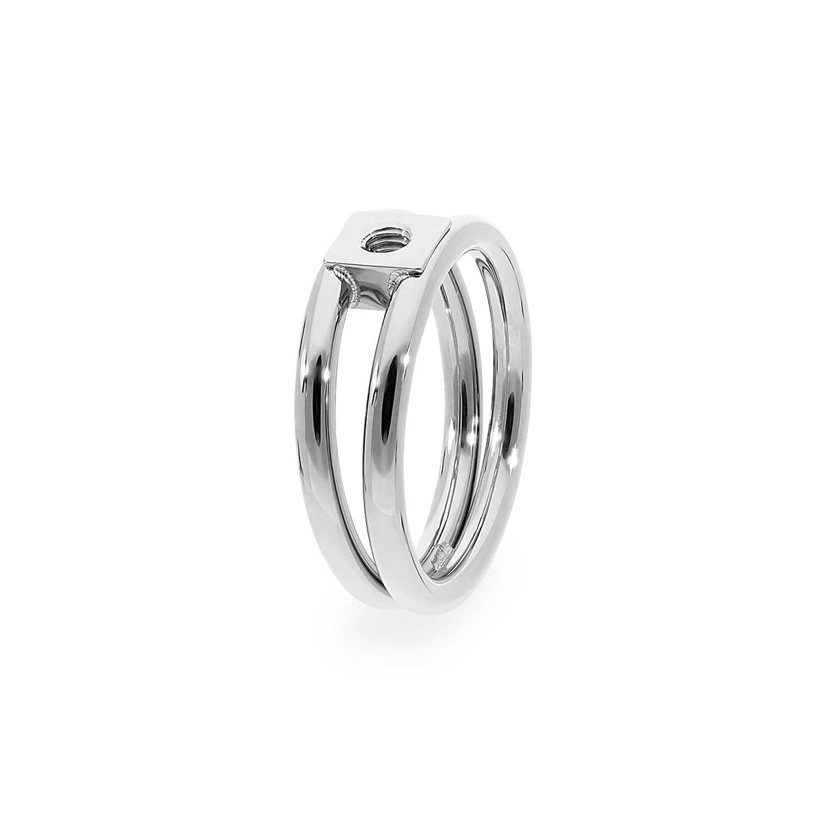 Silver ring with a square top and three parallel bands.