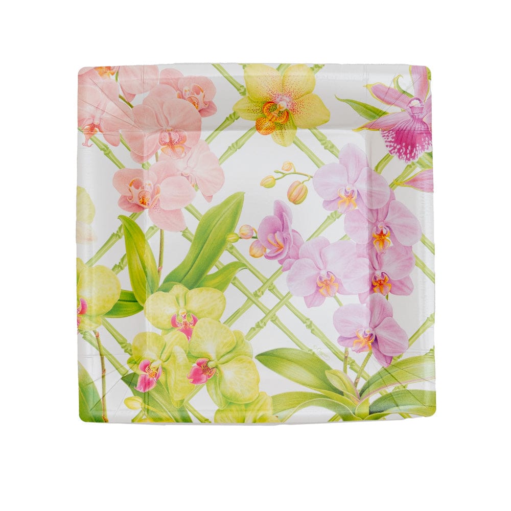 Square paper salad plates with an orchid conservatory floral print in soft pastel tones.