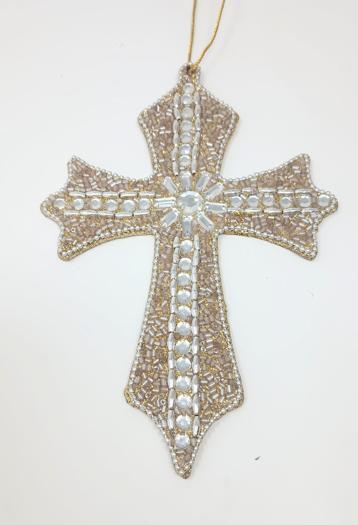 Six-inch metallic gold Renaissance cross ornament with ornate filigree detailing.