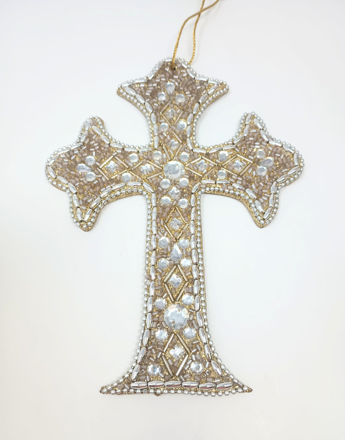 Six-inch metallic gold Renaissance cross ornament with ornate detailing.