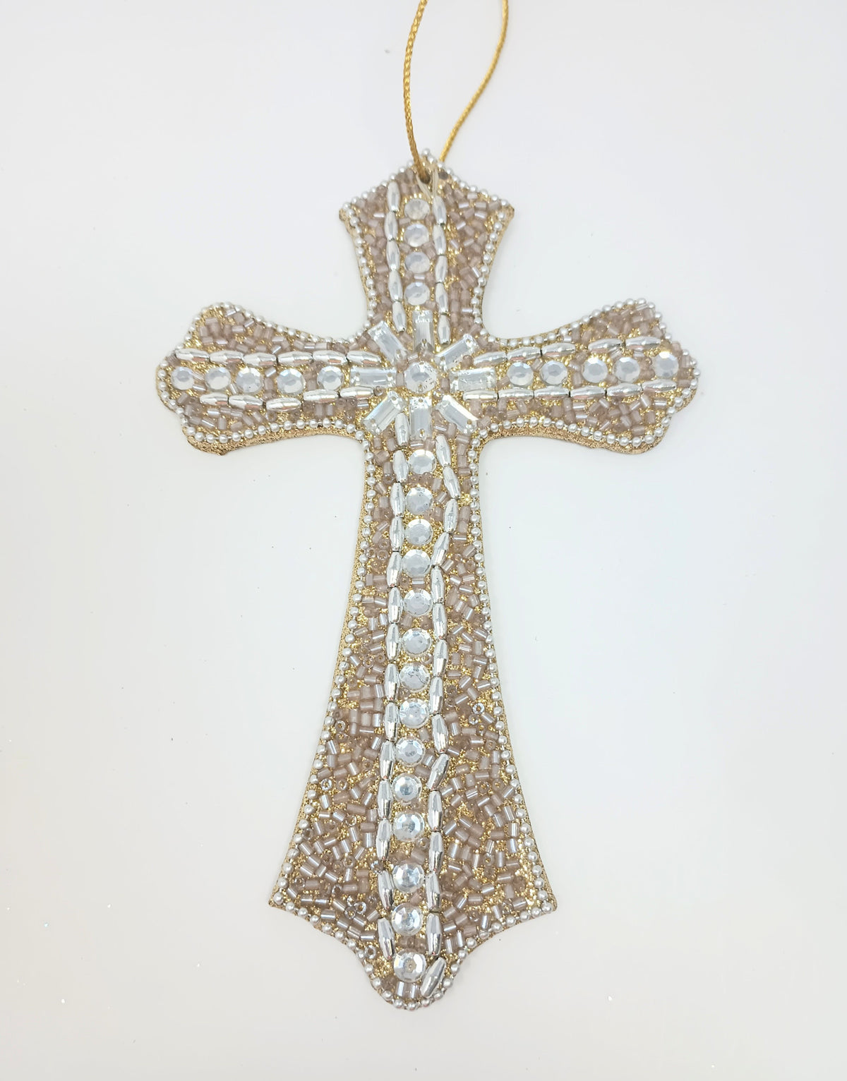 Six-inch metallic gold Renaissance cross ornament with ornate detailing.