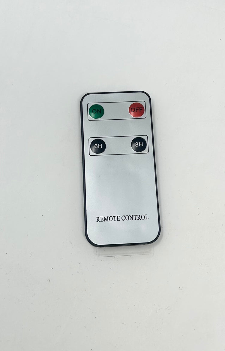 Silver rectangular remote control with four buttons labeled ON, OFF, 6H, and 8H.