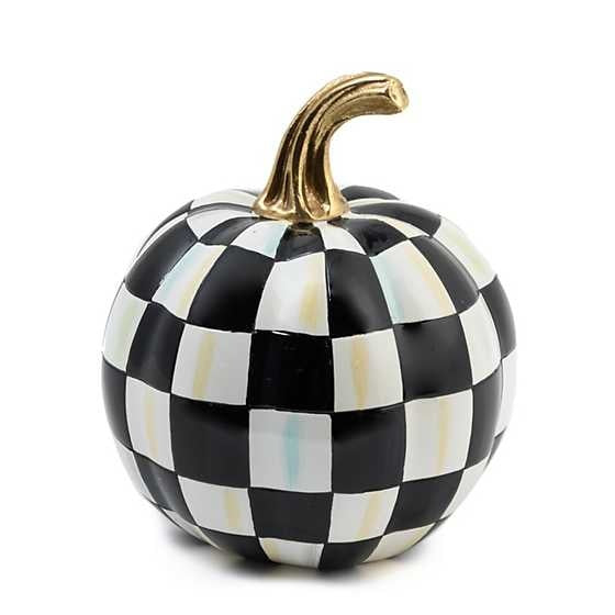 Mini glossy resin pumpkin with hand-painted Courtly Check pattern, gold leaf stem trim, and a round silhouette.