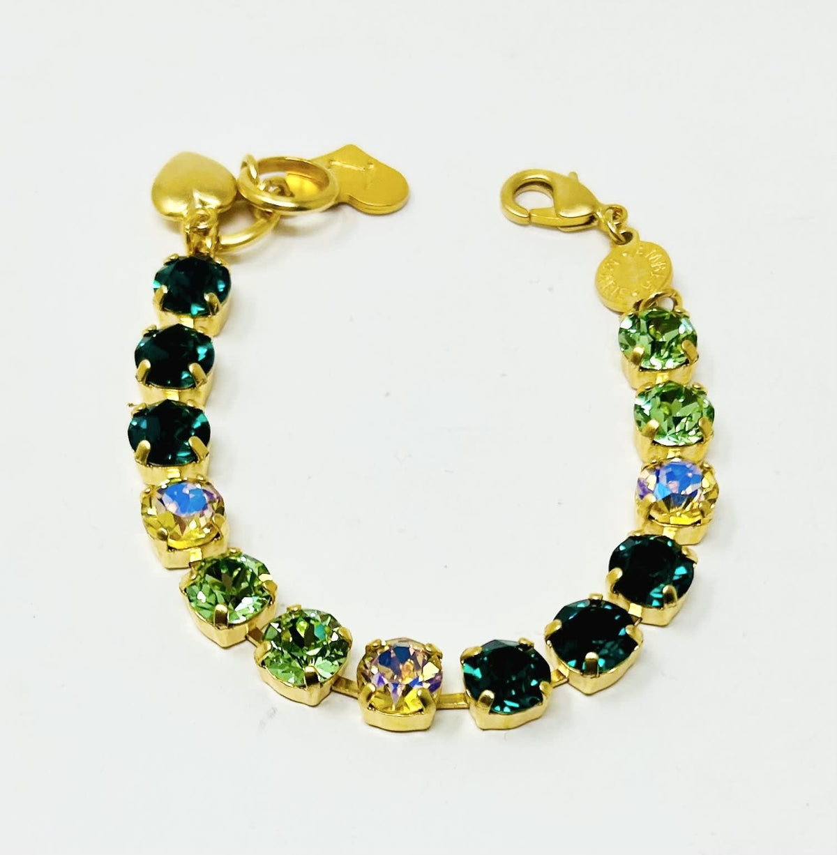 Green stone bracelet with amber tag and Scotty dog heart charm