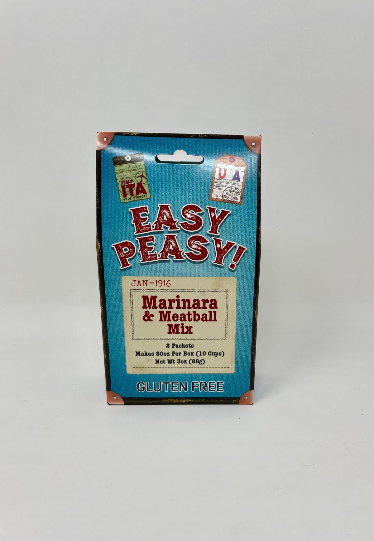 Front view box of Easy Peasy Marinara & Meatball Mix seasoning packets
