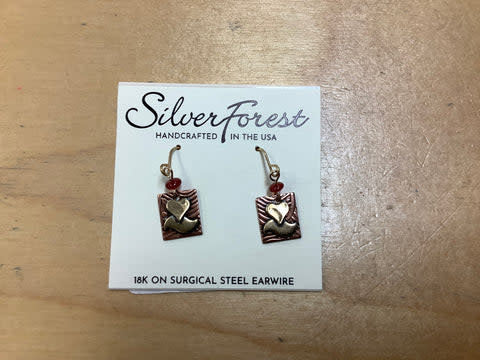 Silver square earrings featuring a heart shape intertwined with wave patterns.