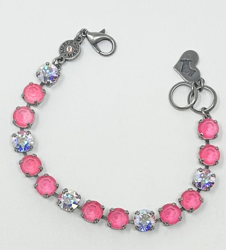 Classic Malibu bracelet featuring lavender, lilac, white, and light green stones with an amber tag heart charm.