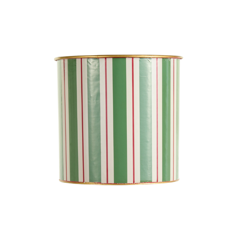 Yuletide Stripes Decorative Bucket with green, white, and red vertical stripes and gold trim.