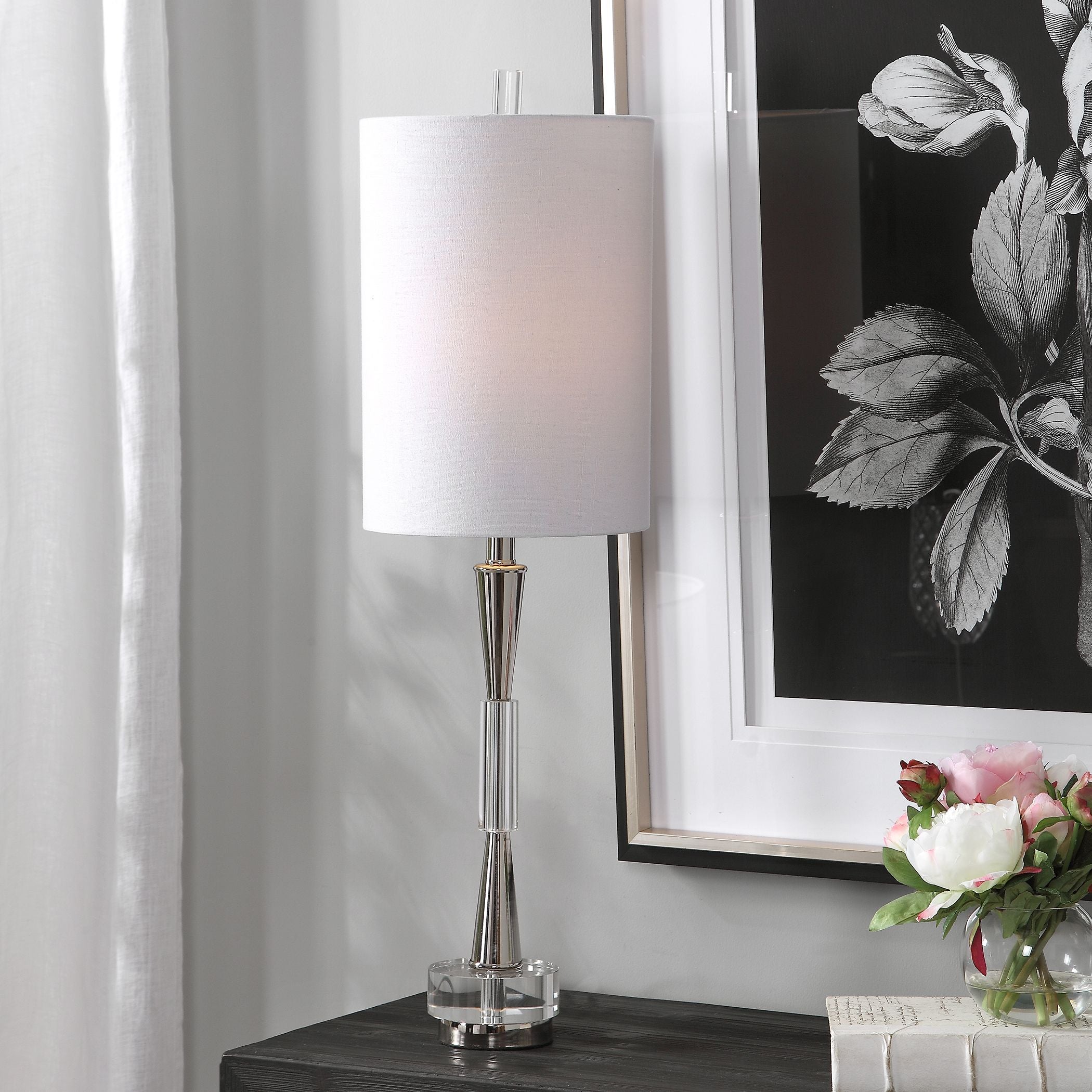 Polished nickel buffet lamp with a cylindrical shade