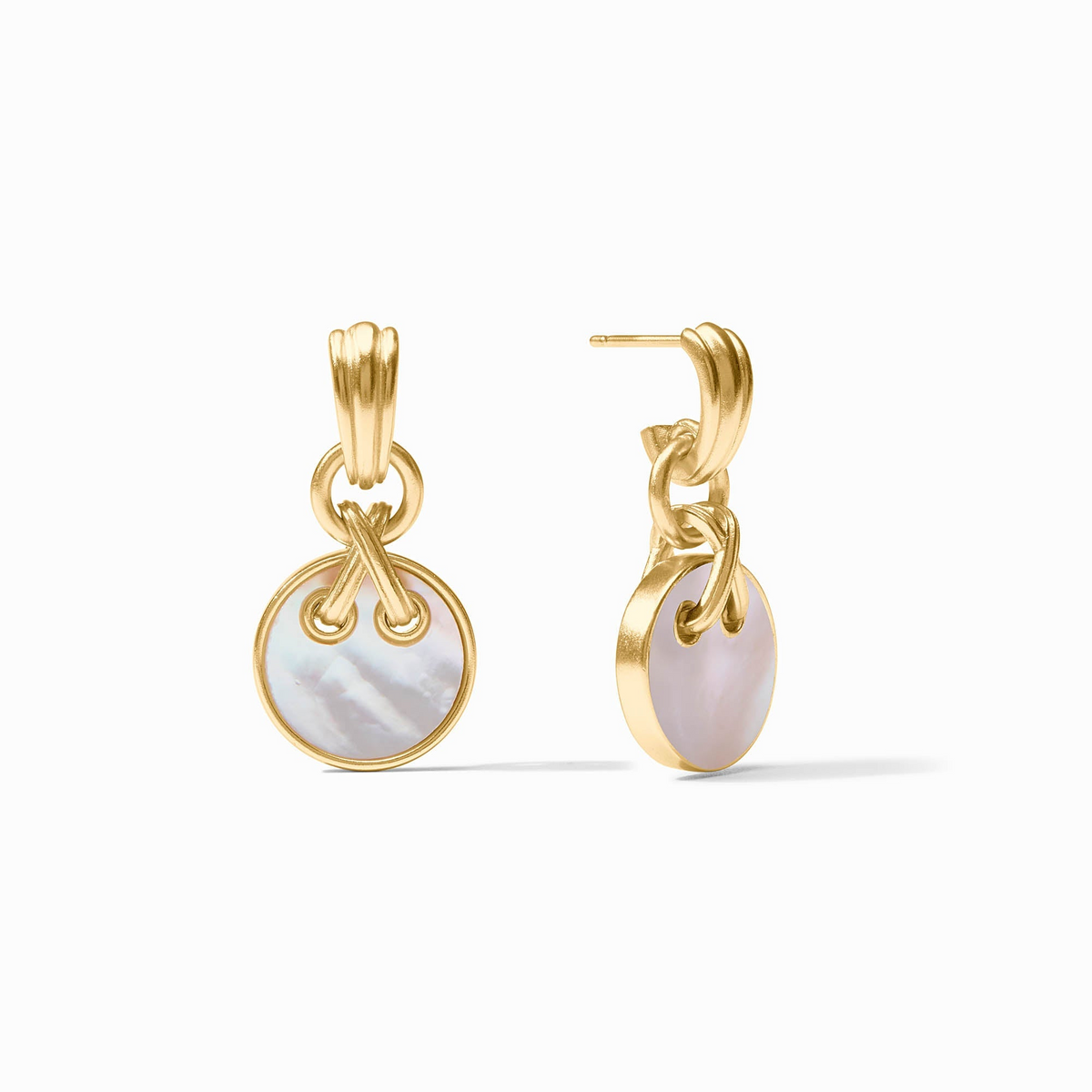Essex Hoop & Charm Earrings in 24K gold plate with iridescent mother of pearl circular charms.