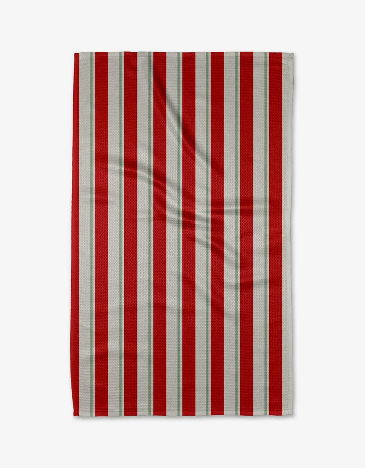 White waffle weave kitchen tea towel with a single-sided holiday print.