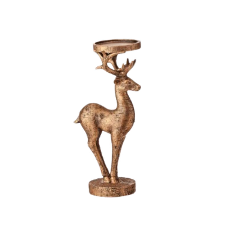 Bronze-finished resin deer candle holder with a circular platform atop its antlers.