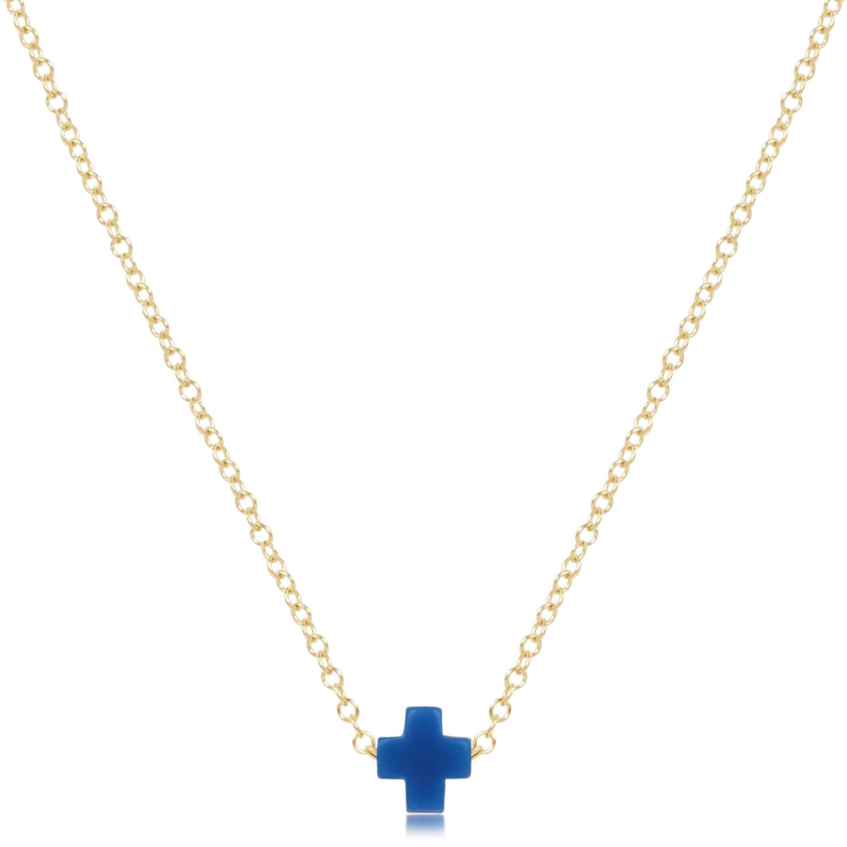Front view of a gold-filled necklace with a small signature cross pendant on a 16-inch chain.